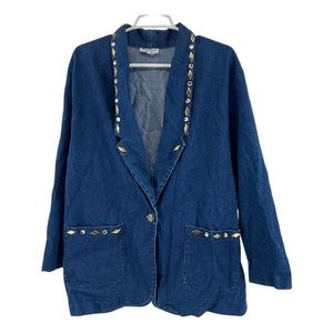 Danielle made in USA denim blazer jacket gold detail gems 80s large retro jean